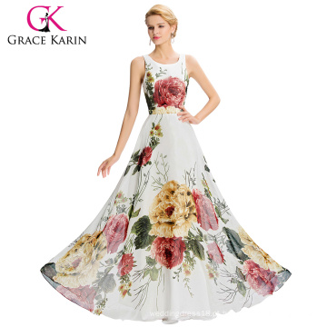 Grace Karin 2016 New Design Mulheres Longo sem mangas flor padrão Chiffon Long Prom Dress GK000033-1